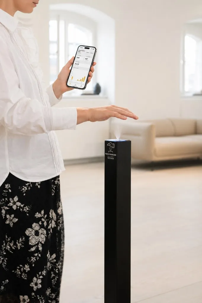 Geysier-dispenser med app-dashboard i et kontormiljø