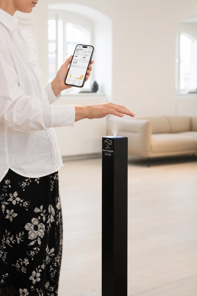 Geysier dispenser with app dashboard in an office environment