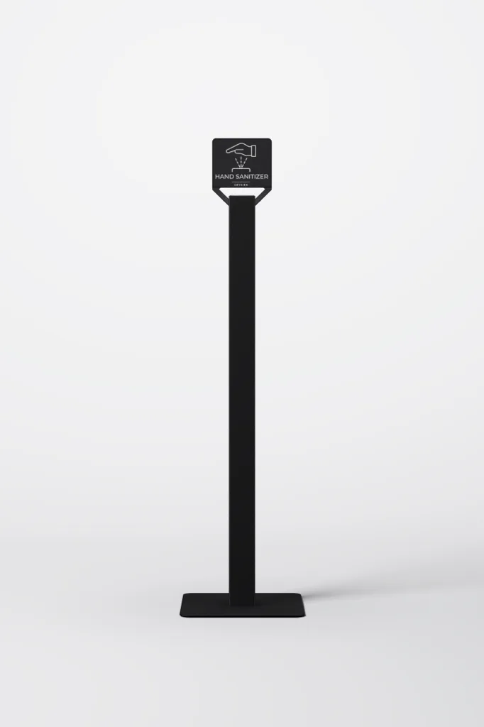Geysier Floor dispenser, a freestanding black column with a hand sanitizer sign