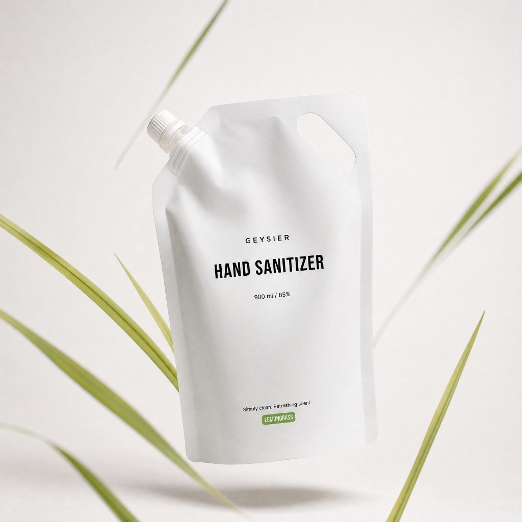Geysier Lemongrass hand sanitizer pouch with fresh lemongrass leaves