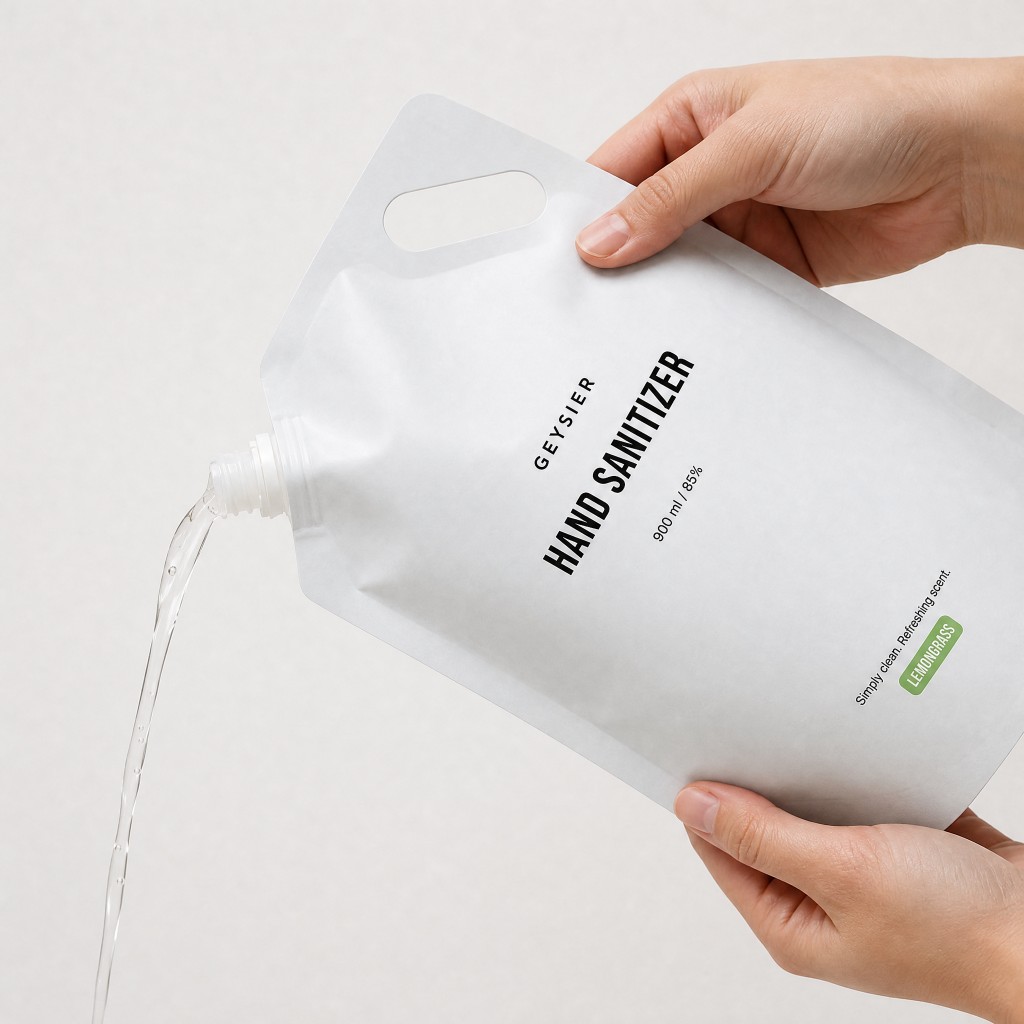Pouring Geysier hand sanitizer from a 900 ml refill pouch